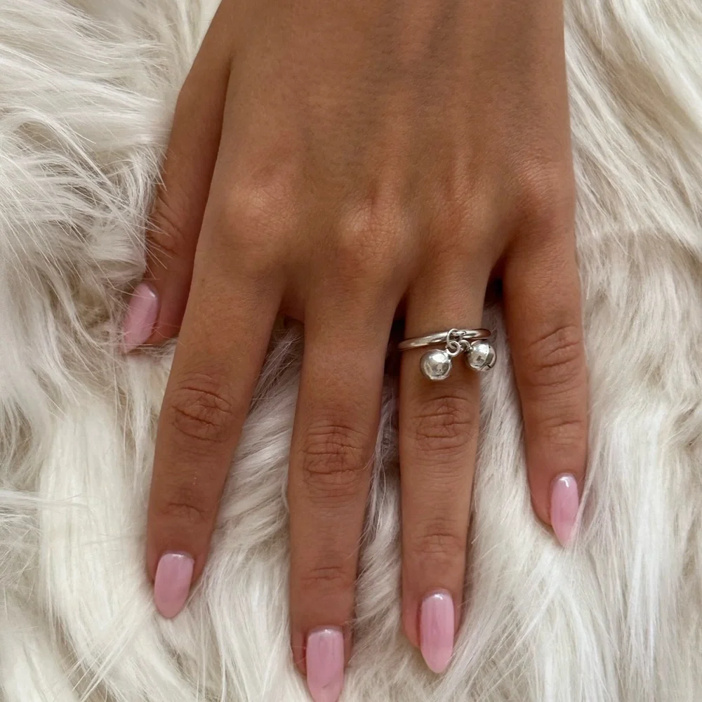 925 sterling silver Double-Band Ring with Dangling Silver Beads
